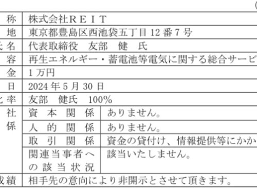 系統用蓄電池開発事業に関する株式会社ＲＥＩＴとの業務提携のお知らせ
