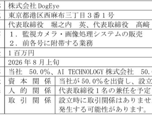 AI TECHNOLOGY 株式会社との合弁会社設立のお知らせ～ＡＩ防犯カメラのトップメーカーを目指す～
